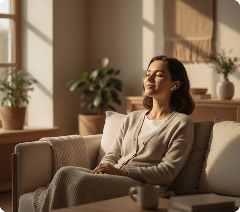 Mujer relajada meditando en su salón, con los ojos cerrados
